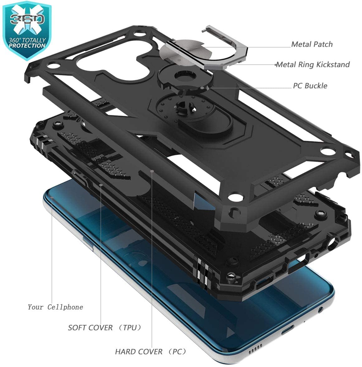Protectores para celular  para Lg  Q60 / K50 Funda reforzada con anillo v2 Negro