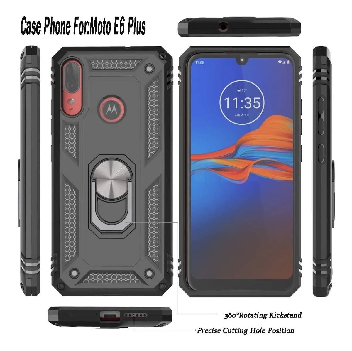 Protectores para celular  para Motorola  Moto E6 Plus Funda reforzada con anillo v2 Negro