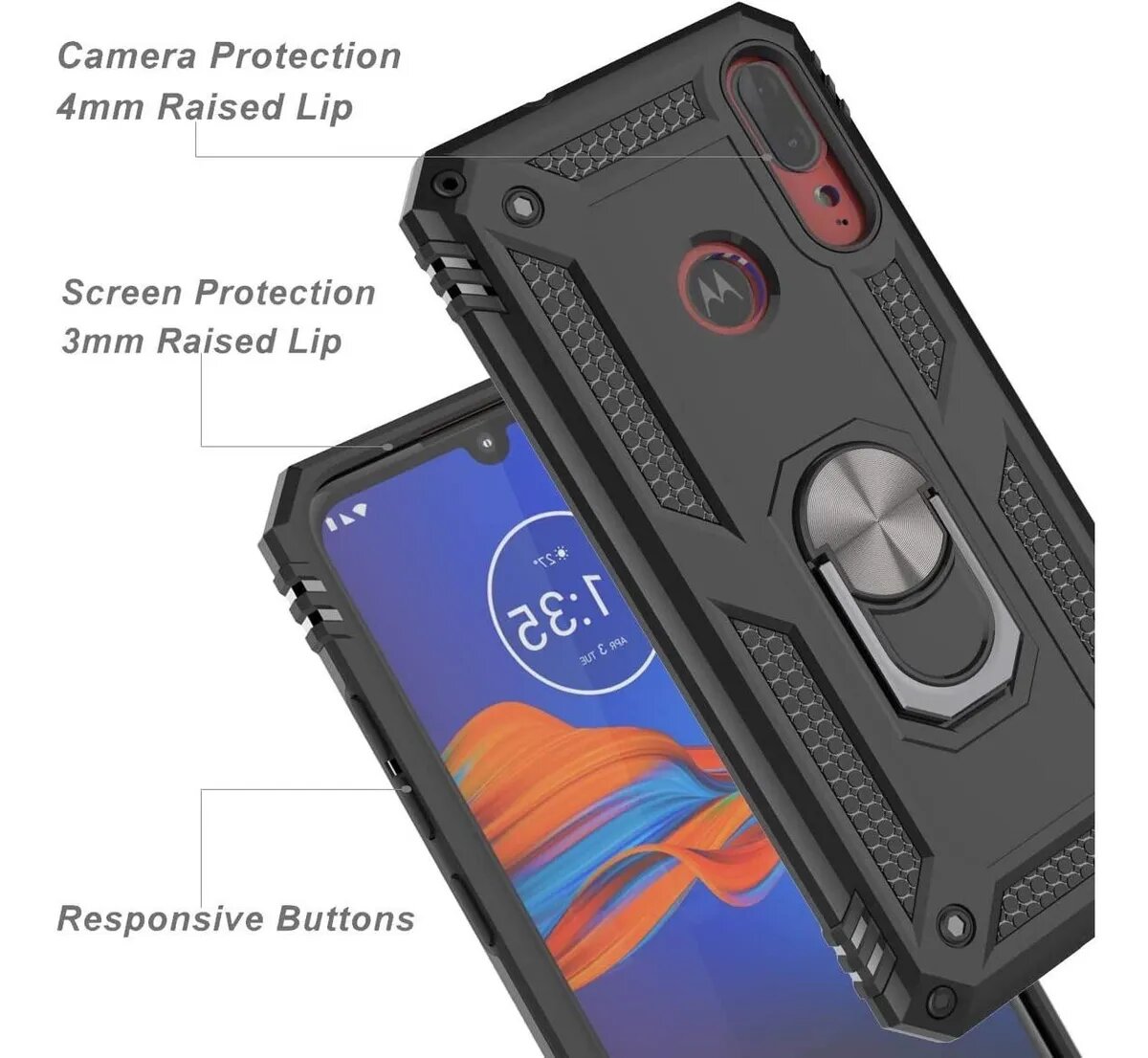 Protectores para celular  para Motorola  Moto E6 Plus Funda reforzada con anillo v2 Negro