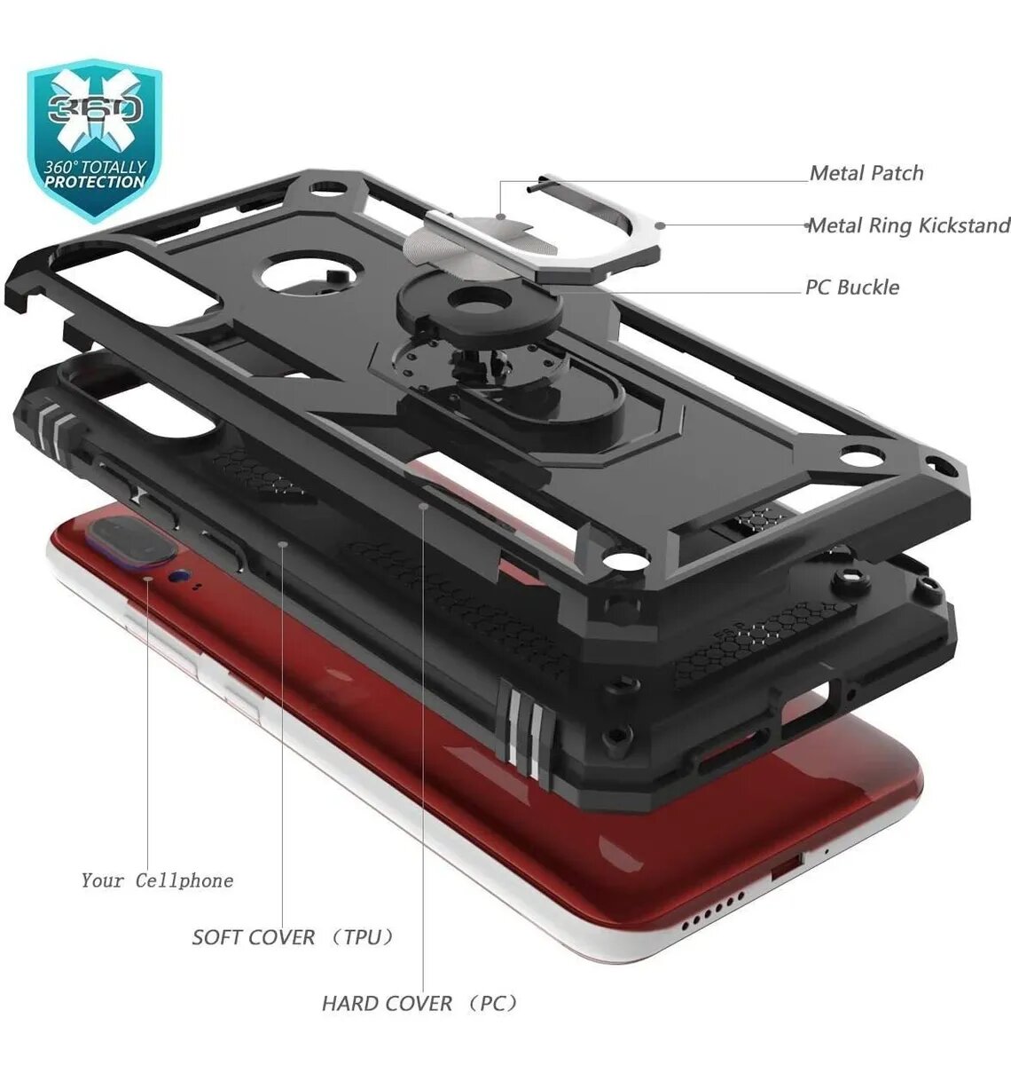 Protectores para celular  para Motorola  Moto E6 Plus Funda reforzada con anillo v2 Negro