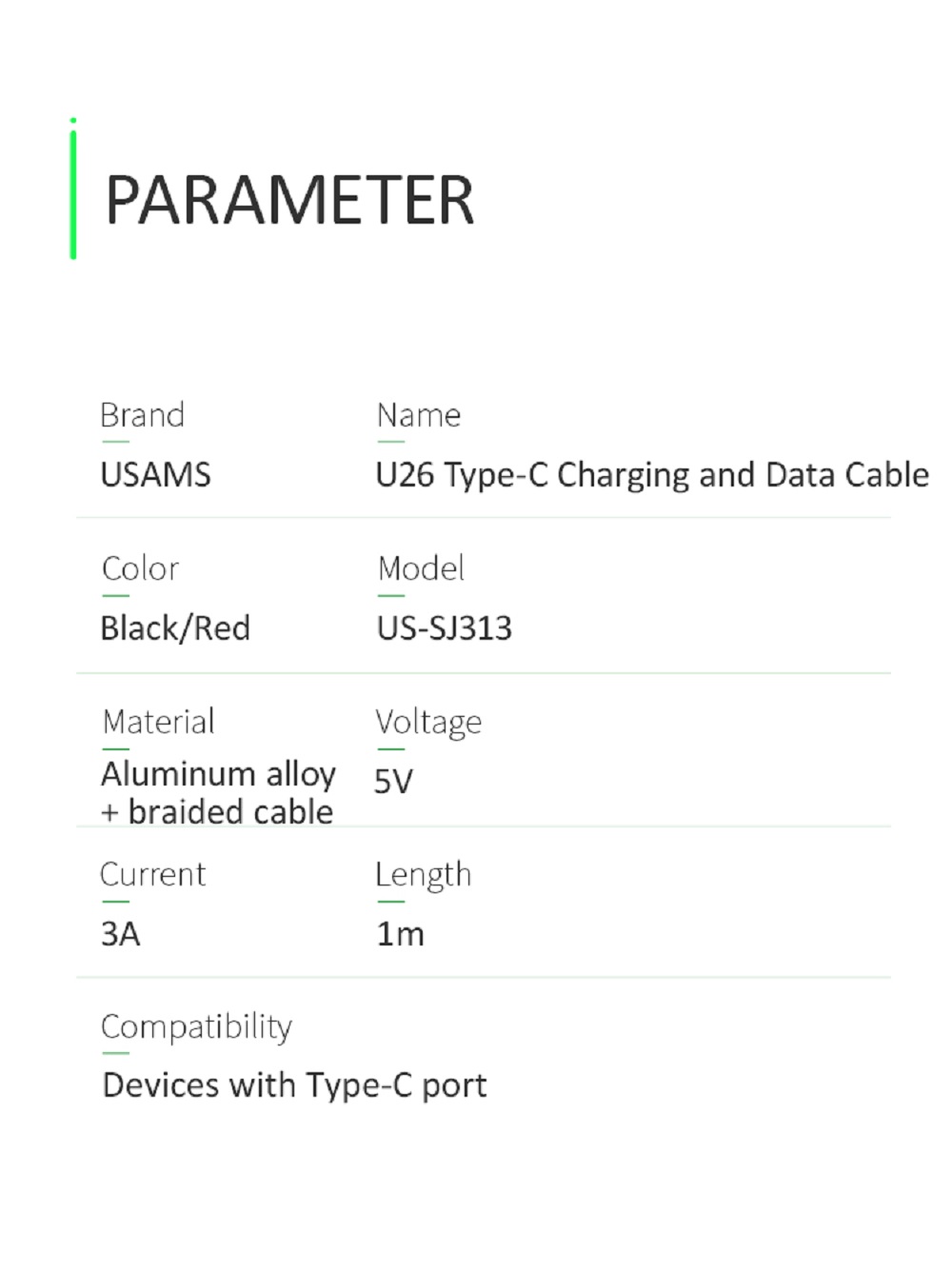 Accesorios y Gadgets  Cable  de datos usb tipo c U26 3A 1mt US-SJ313 Rojo