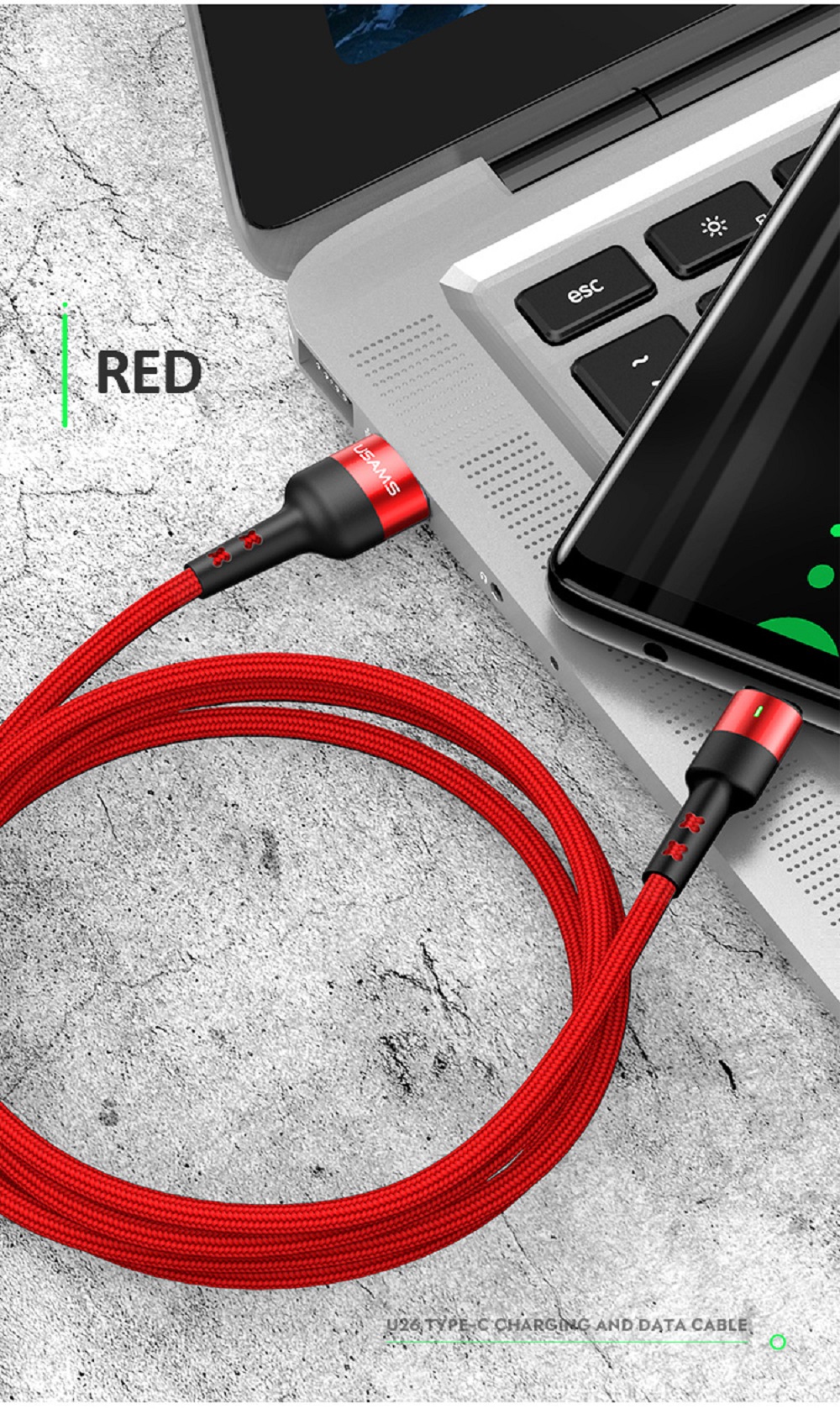 Accesorios y Gadgets  Cable  de datos usb tipo c U26 3A 1mt US-SJ313 Rojo