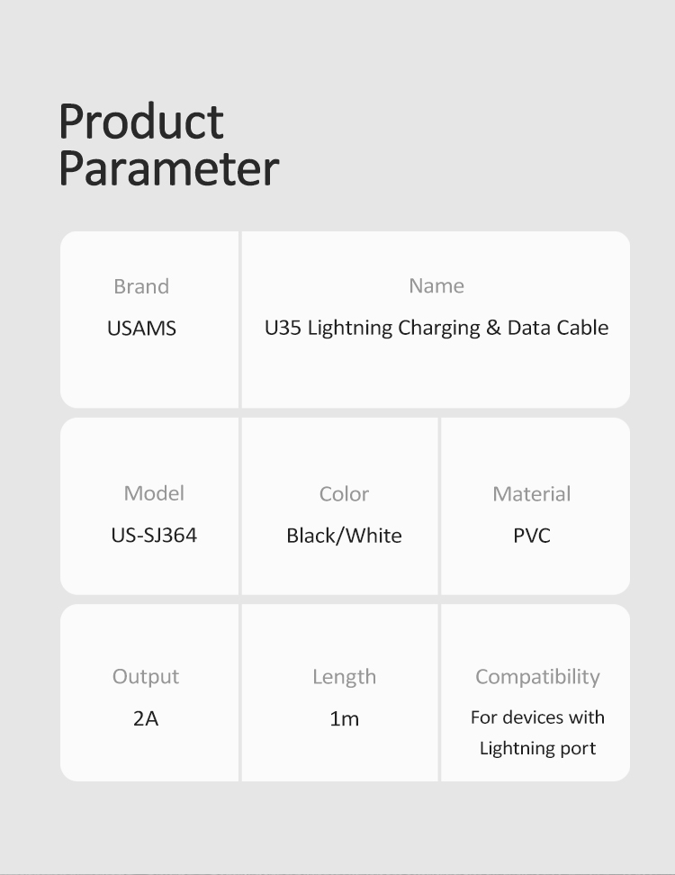 Accesorios y Gadgets  Cable  de datos usb lightning U35 2A 1mt US-SJ364 Blanco