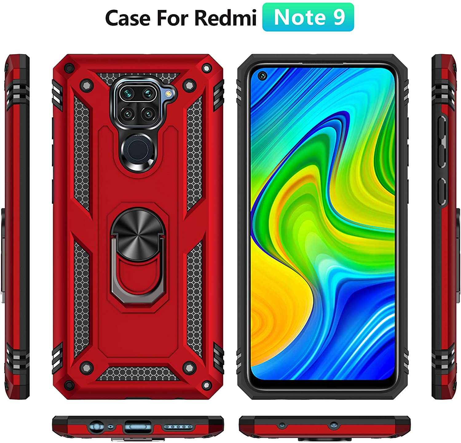 Protectores para celular  para Xiaomi  Redmi Note 9 Funda reforzada con anillo v2 Rojo