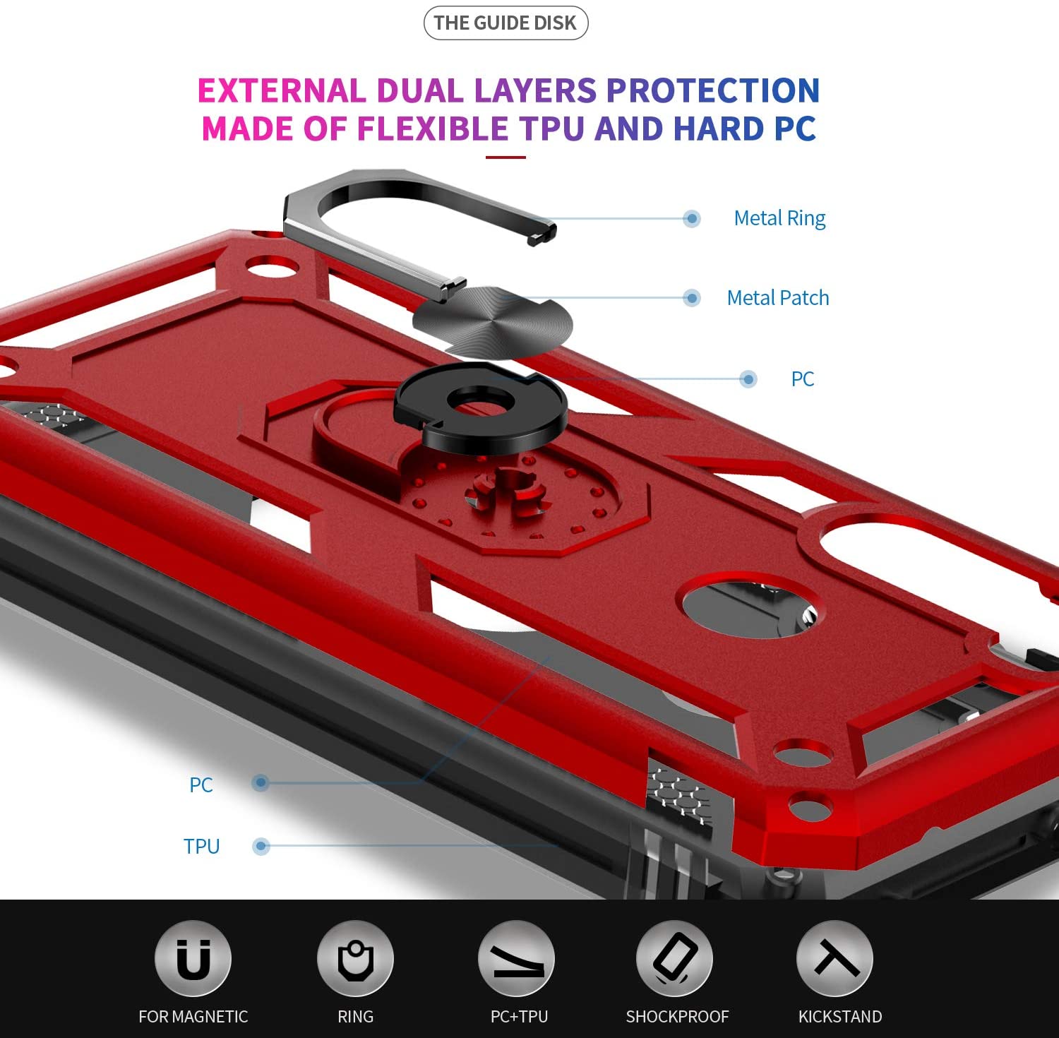 Protectores para celular  para Xiaomi  Redmi Note 8T Funda reforzada con anillo v2 Rojo