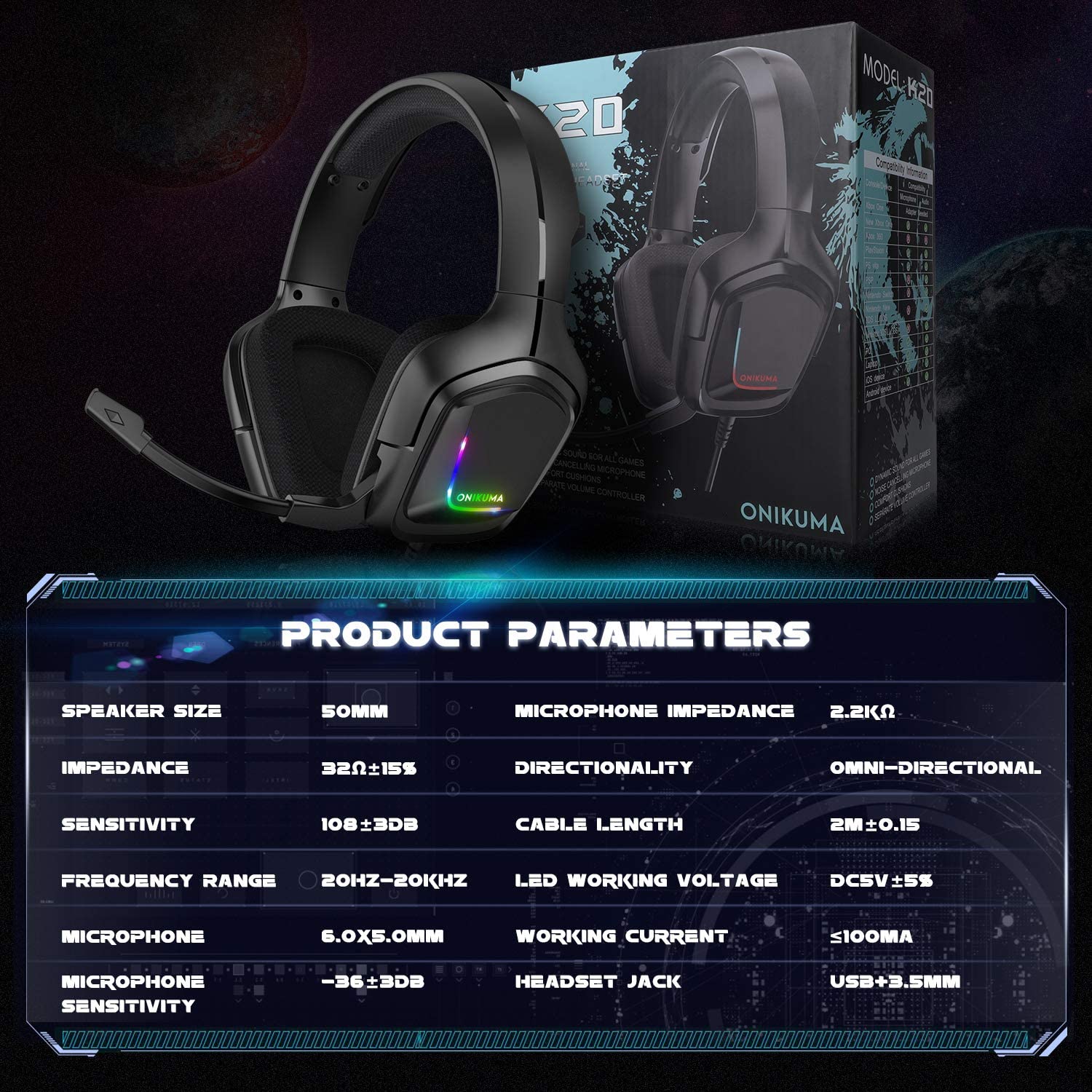 Accesorios y Gadgets  Auriculares  con cable vincha gamer K20 Negro