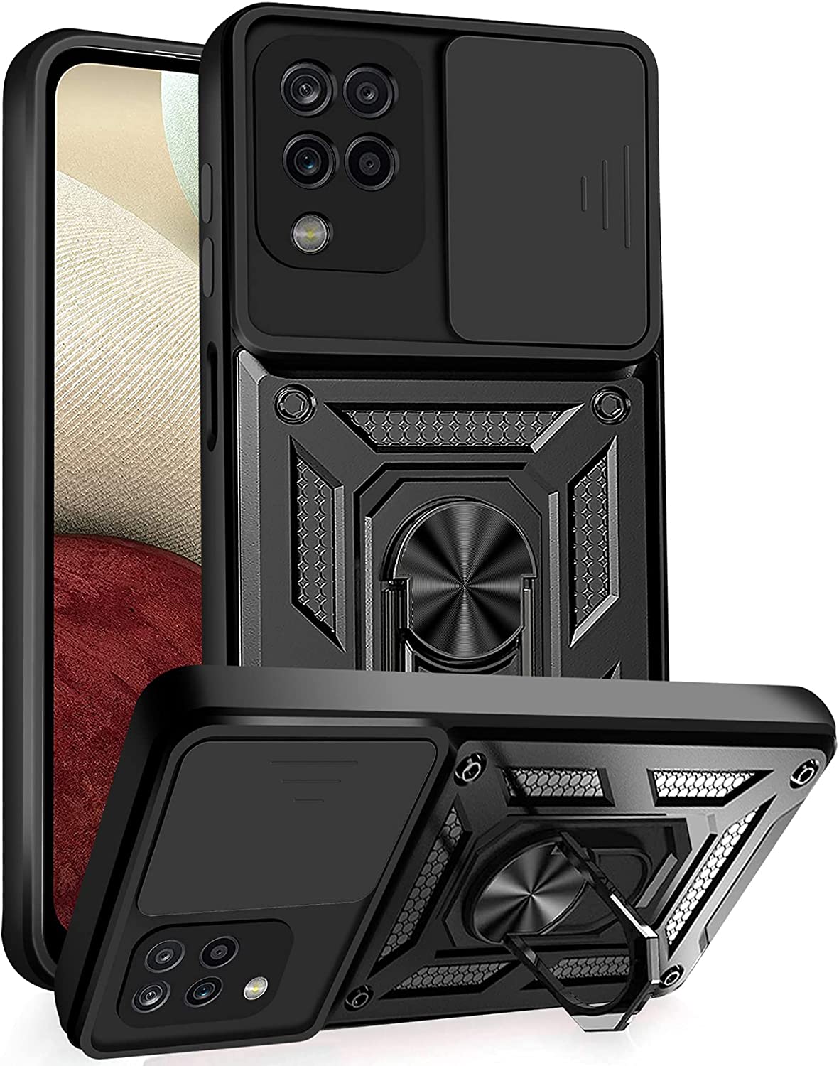 Protectores para celular  para Samsung  A12 / M12 Funda reforzada con anillo v3 cubre c�mara Negro