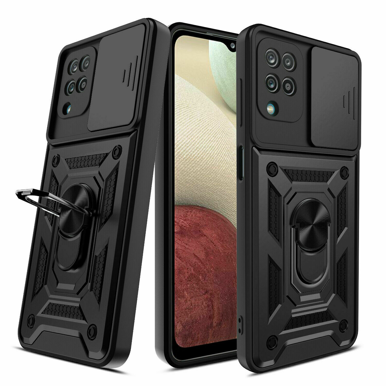 Protectores para celular  para Samsung  A12 / M12 Funda reforzada con anillo v3 cubre c�mara Negro