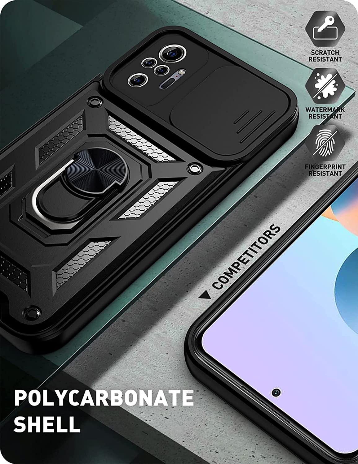 Protectores para celular  para Xiaomi  Redmi Note 10 Pro / 10 Pro Max Funda reforzada con anillo v3 cubre c�mara Negro