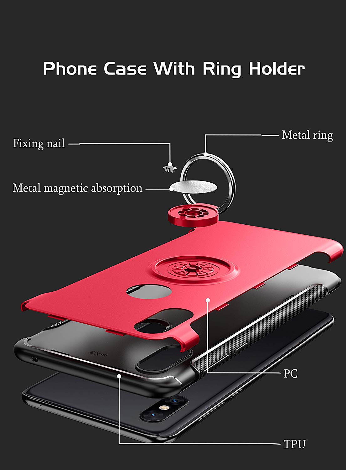 Protectores para celular  para Xiaomi  Mi Mix 3 Funda reforzada con anillo v1 Rojo