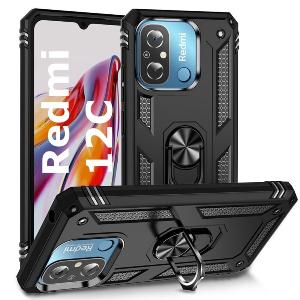 Protectores para celular  para Xiaomi  Redmi 12c Funda reforzada con anillo v2 Negro
