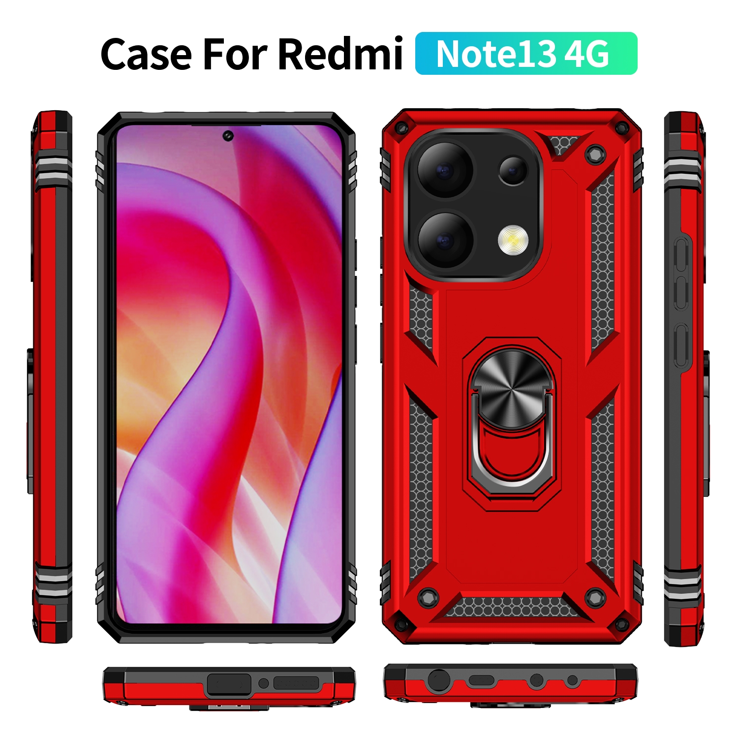 Protectores para celular  para Xiaomi  Redmi Note 13 4G Funda reforzada con anillo v2 Rojo